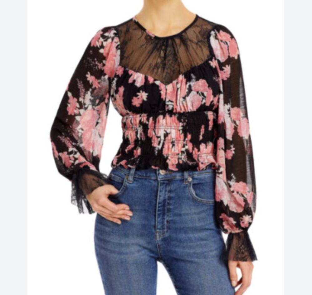 Free People Daphne Floral Lace Black Pink Romantic Boho Blouse NWT Size S